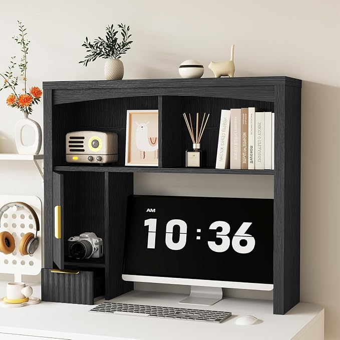 Desk Hutch Shelf, Desktop Shelf Organizer 37 inch Wide Desktop Bookshelf 2-Tier Wood Hutch Bookcase Organizer with Drawer Dorm Table Shelves Desk Shelves Office Bookshelf with Storage-Black