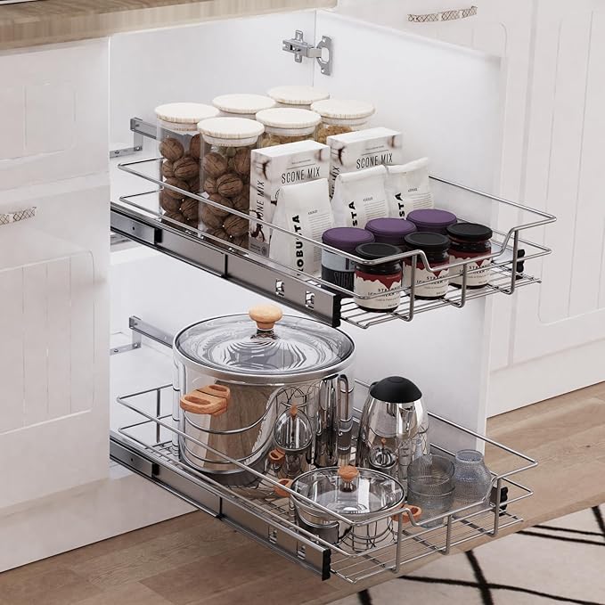 Pull Out Cabinet Organizer 24" W X 22" D, Slide Out Drawers For Kitchen Organizers and Storage, Pull Out Drawers For Cabinets Capacity Heavy Duty Caddy, Cabinet Shelves Chrome-Plated, Bathroom Pantry