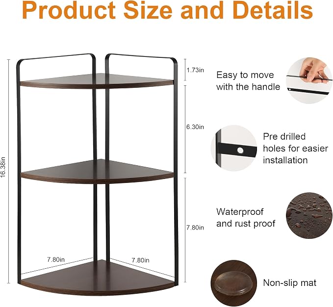3 Tier Corner Bathroom Counter Organizer, Countertop Organizer, Makeup Organizer Countertop, Bathroom Storage Sink Shelf, Wooden and Metal Counter Shelf (Gray Brown)