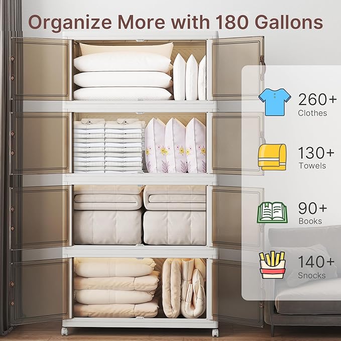 UAMFURI Stackable Storage Bins with Lids, 720QT Closet Organizers, Lockable Storage Cabinet，Foldable Storage Box with Doors and Wheels, Plastic Drawers for Home, Garage, Office (4, White, Extra Large)