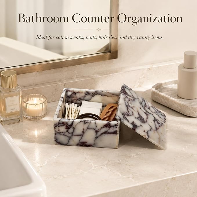 Natural Marble Square Jewelry Box with Lid, 5.91 in | A square natural marble box with lift-off lid for jewelry, cotton pads, and a cleaner dresser display.