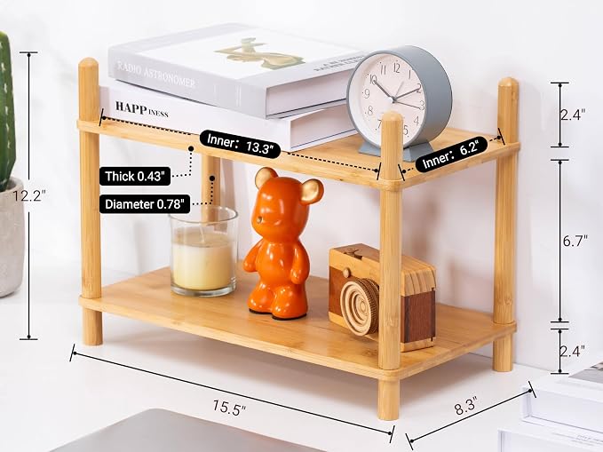 2-Tier Bamboo Coffee Bar Organizer,Coffee Bar Accessories, Mul-tifunctional Wooden Beaded Coffee Station Countertop Stand Shelf for Kitchen Home Office,Counter Riser Display Shelf for Top of Desk Home