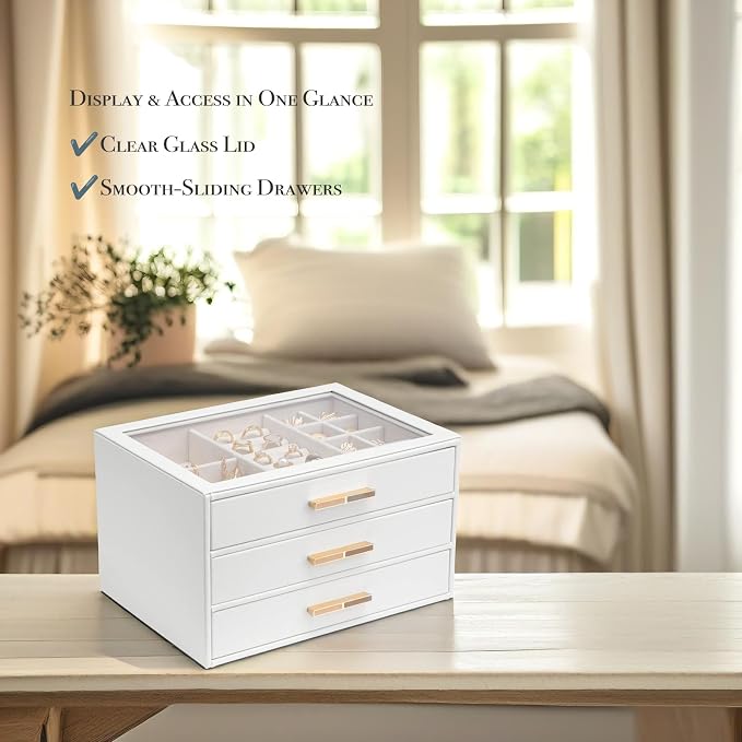 VLANDO 3-Drawer Jewelry Box with Glass Lid, Faux Leather Organizer for Rings Earrings Necklaces and More, Gift-Ready Jewelry Case for Women Girls or Moms, White