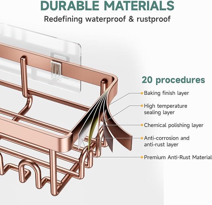Veken Shower Caddy 6-Pack, No Drilling & Rustproof, Waterproof Adhesive Shelves Rack with Soap Holder, Large Capacity Bathroom Organizers and Storage, Wall-Mounted Kitchen & Home Decor, Rose Gold