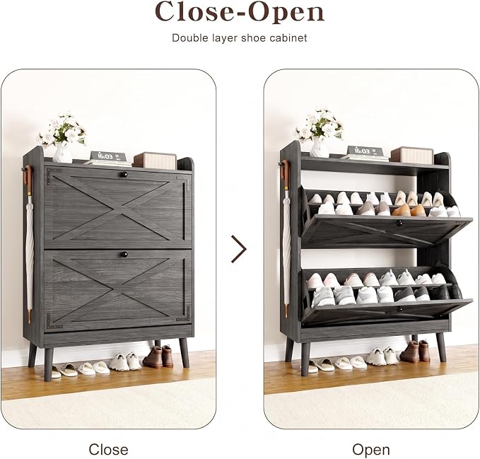 Shoe Storage Cabinet with 2 Flip Drawers & Adjustable Shelves, Freestanding Shoe Cabinet with Side Hooks Narrow Shoe Rack Cabinet for Entryway, Hallway, Rustic Grey