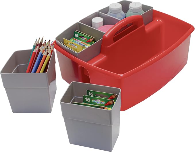 Storex Large Classroom Caddy with Cups, 13 x 11 x 6.575 Inches, Red, Case of 2 (00981A02C)