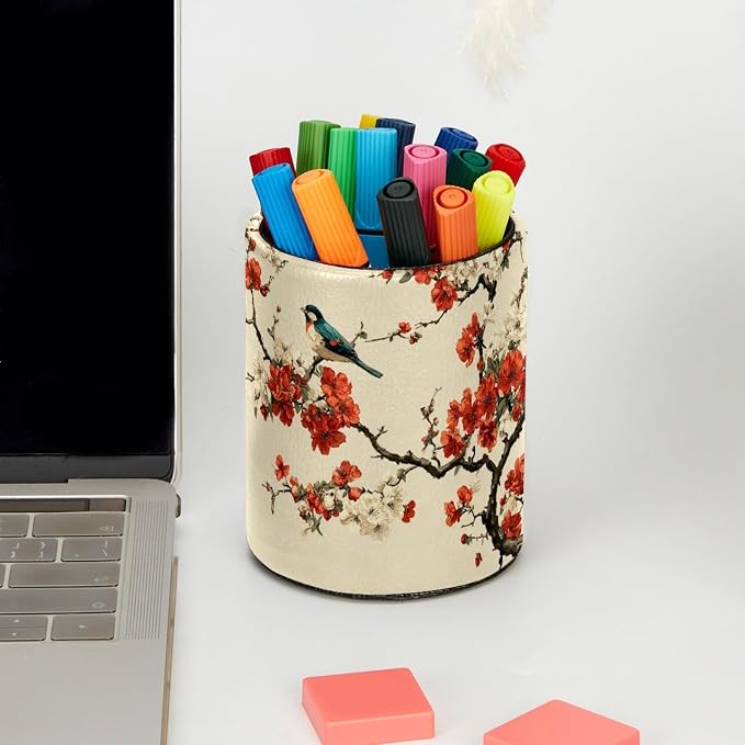 Faux Leather Pen Holder for Desk, Pencil Organizer Flowers and Birds Pen Cup Desk Decor Makeup Brush Holder Storage for Office Home