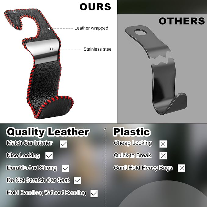 Car Seat Hooks for Purses and Bags, 2 Pack Car Purse Holder for Grocery Bag Handbag Clothes, Metal Headrest Hooks Covered by Leather, Black Red