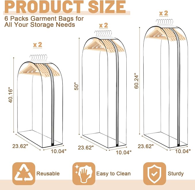 6 Pack Garment Bags for Hanging Clothes, 40"/50"/60" Suit Bags for Open Closet, 10" Gusseted Waterproof Dustproof Clothes Storage Closet, Dress, Coat, Travel(Transparent Style,Clear)