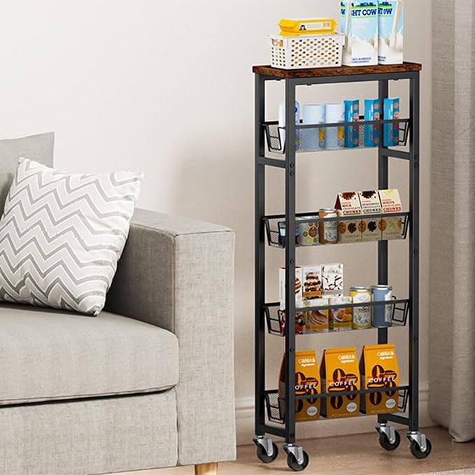 Slim Rolling Cart, 5-Tier Storage Cart, 9.1inch Narrow Kitchen Rolling Cart on Wheels for Small Space, Utility Cart Shelving Unit with Wooden Top and Metal Handle for Kitchen, Bathroom, Laundry Room