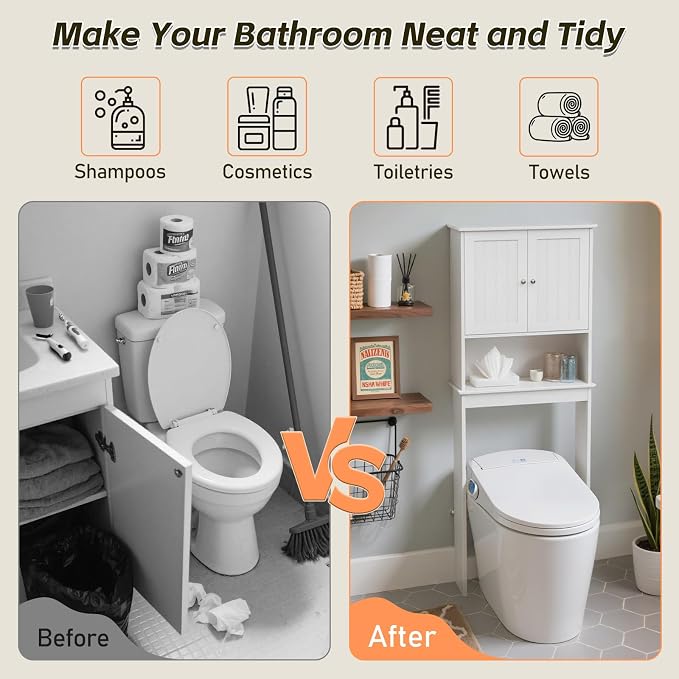 Over Toilet Storage Cabinet with Barn Door & Adjustable Shelves | 24 Inch Wide Bathroom Organizer, Space-Saving, Sturdy Wood, Anti-Tipping, Easy Assembly, for Restroom, Laundry, Small Spaces