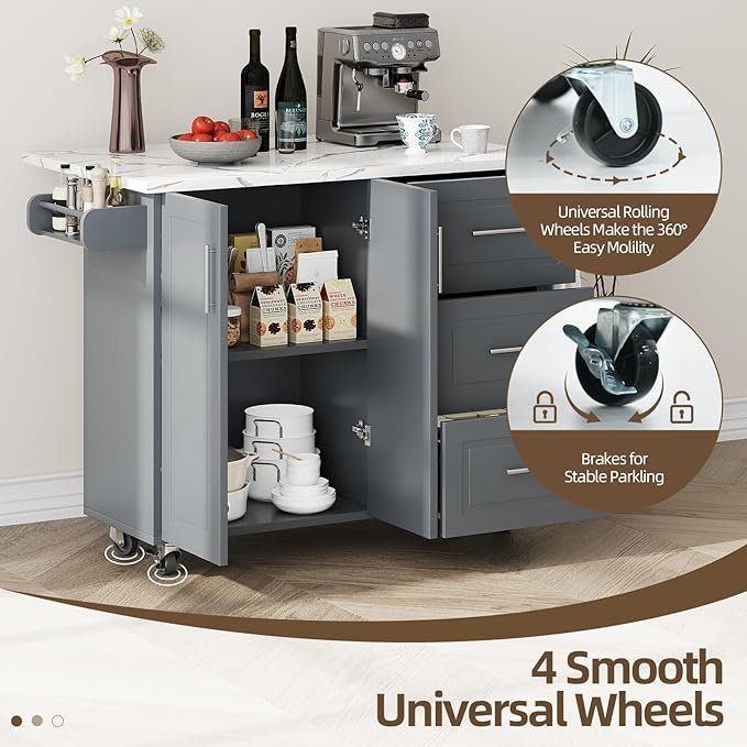 4 EVER WINNER Kitchen Island on Wheels with Storage and Drop Leaf, Faux Marble Texture Tabletop, 43" Kitchen Island Cart with Towel Rack & Spice Rack, Rolling Islands Cart for Kitchen, Gray