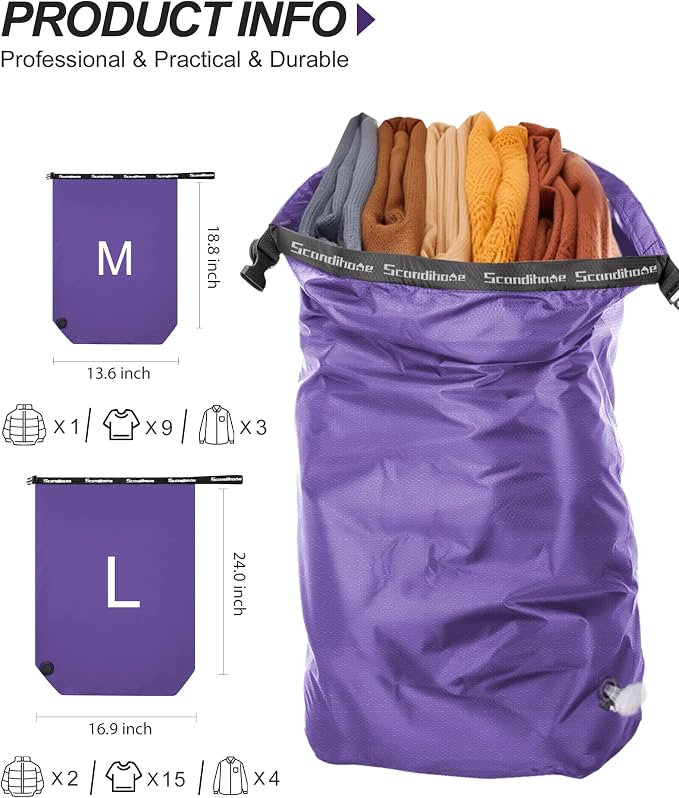 Travel Compression Laundry Bag for Dirty Clothes, Pump-Free Vacuum Space Saver Bag, Reusable Waterproof Wet Dry Bag, Travel Laundry Bag for Luggage, Packing, Suitcase (1 Pcs)（Purple, L)