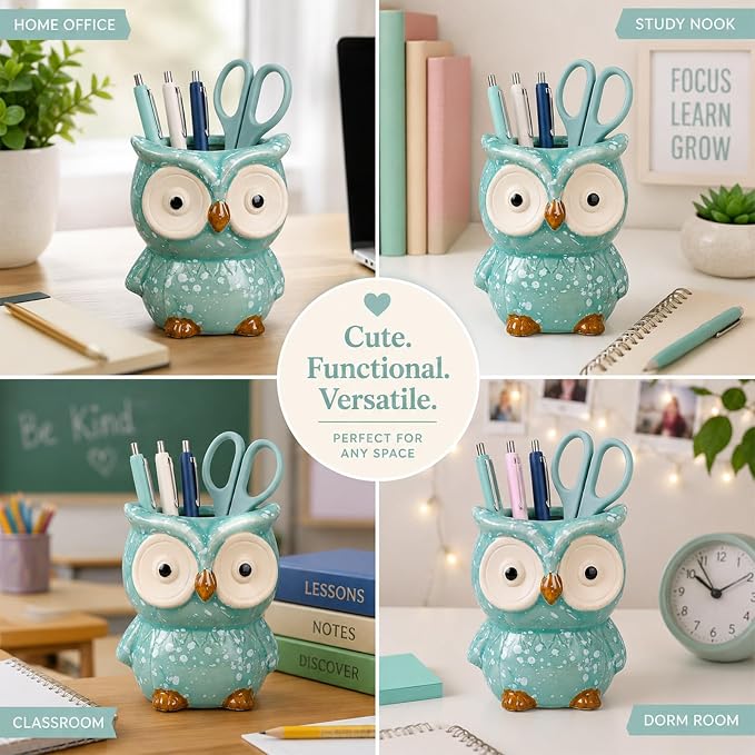 Ceramic Owl Shaped Pen Pencil Holder for Desk Decoration Accessories Owl Decor Makeup Brush Pen Cups Succulent Plant Pot Office School Ideal Gifts for Women, Mom or Birthdays
