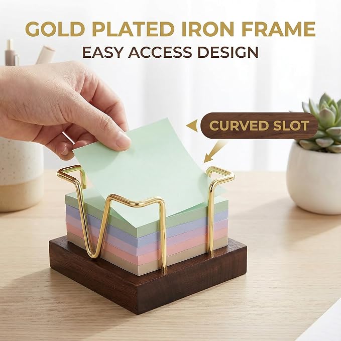 Wood Sticky Note Holder, 3 x 3 inch Self-Stick Note Memo Pad Holder for Desk, Notepad Dispenser for School Office, Gold