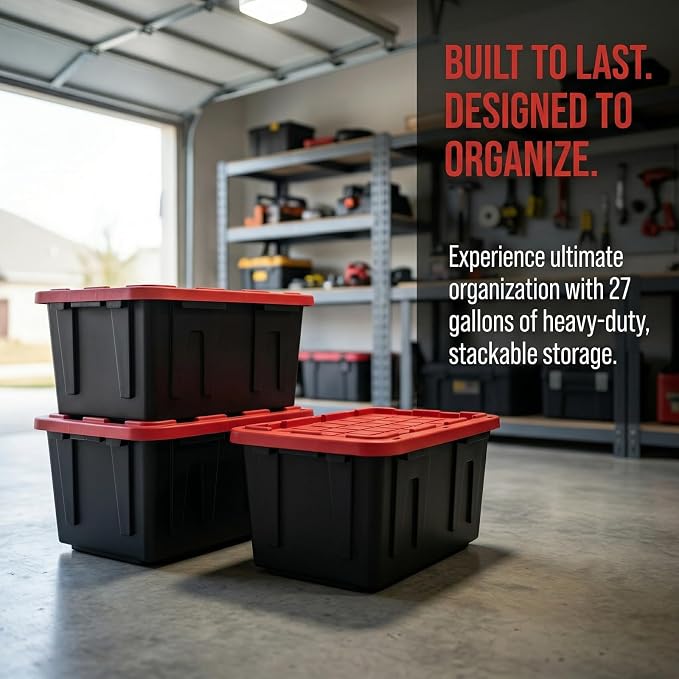 CLMSTE6 Pack Large Storage Bins with Snap Lids, 27 Gallon Black and Red Totes for Garage & Basement, Stackable Heavy Duty Plastic Containers for Home Organization