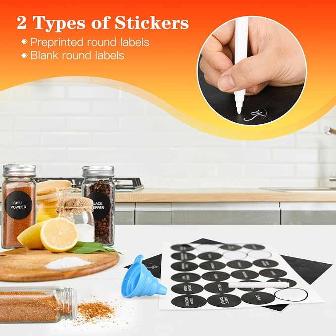 DkOvn 12pcs Glass Spice Jars with Labels, 6oz Empty Spice Jars | with Mental Caps, Shaker Lids, Collapsible Funnel, Chalk Pen, Seasoning Organizer for Spice Rack
