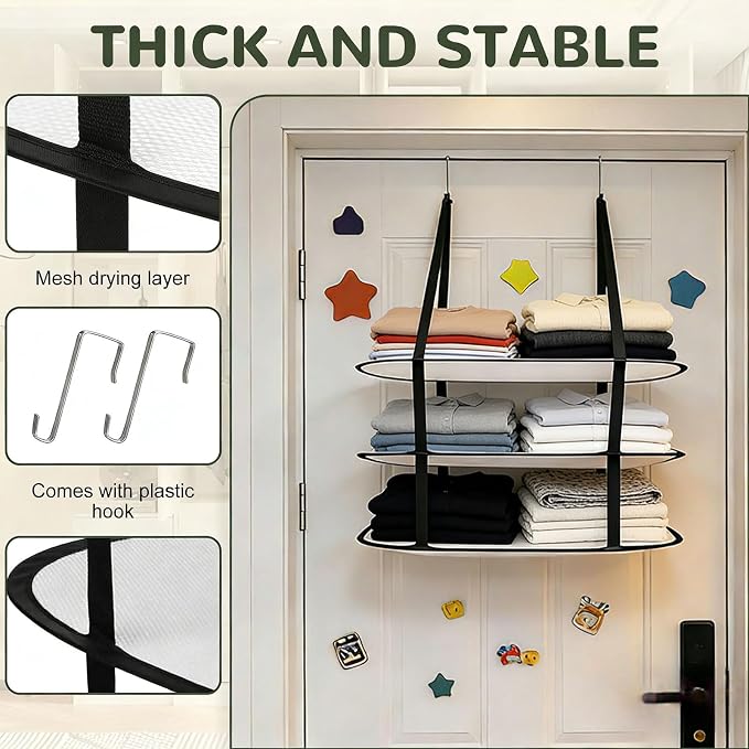 3 Tier Sweater Drying Rack, Over The Door Foldable Lay Flat Dryer with Mesh Panels, Space Saving Hanging Organizer for Sweaters, Blankets, Laundry in Apartments, Dorms, Bathrooms - 2 Pack Black