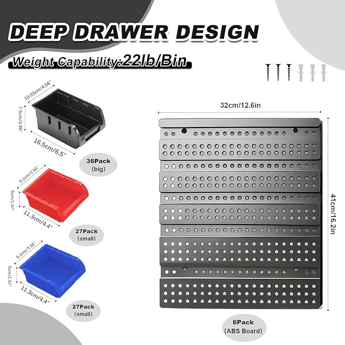 90PCS Heavy-Duty Wall Mounted Storage Bins - Plastic Adjustable Compartment Organizer for Nuts, Bolts, Screws & DIY Tools | Garage, Workshop Wall Rack