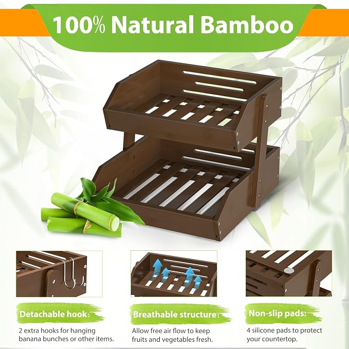 Gmtsl Bamboo Fruit Basket for Kitchen, Fruit Holder for Kitchen Countertop | 2 Tier Fruit bowl for Kitchen Counter, Fruit Stand, Vegetable Basket Storage, Produce Organizer, Bread Snack Display(WALNUT)