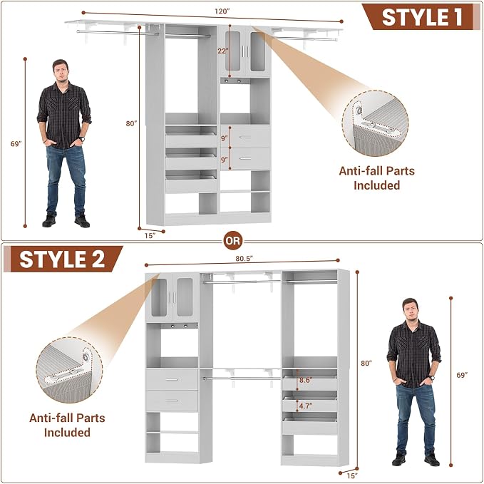 6.7FT-10FT Closet System Set with Half-Open Drawers, 80.5''-120" Wooden Modular Wardrobe Set with Shelving Towers, 80'' Height Closet Organizer with Hanging Rods and 2 Big Wing Shelves, Grey