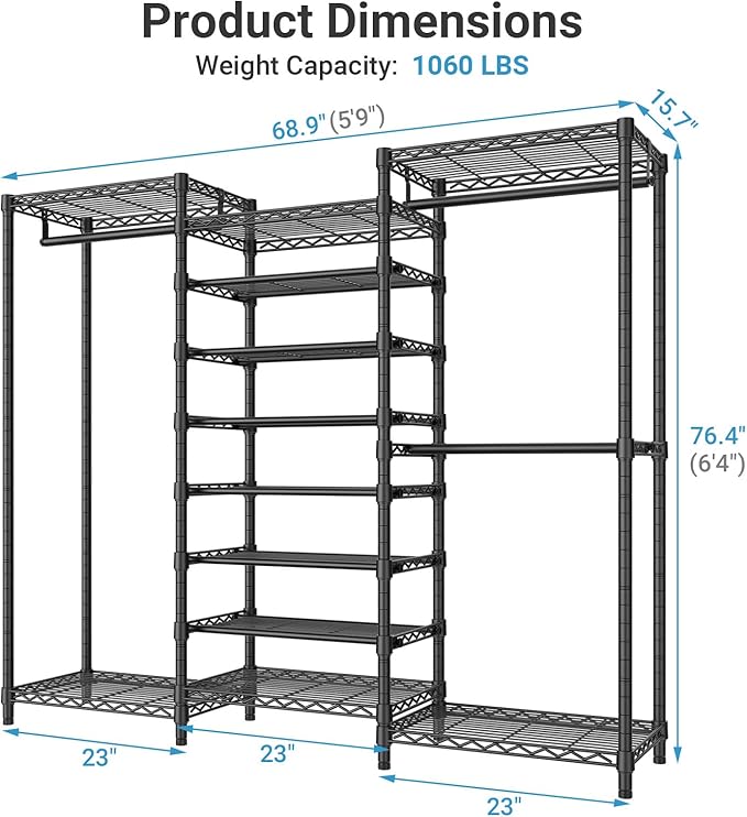 VIPEK S3 Heavy Duty Garment Rack Freestanding Clothes Rack Closet Storage Organizer Large Wardrobe with 8-Tier Shoe Rack, Hanging Rod, Adjustable Shelf, 68.9" L x 15.7" W x 76.4" H, Black