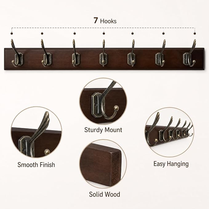 Wall Mounted Coat Rack with Solid Wood, 7 Bronze Metal Hooks – 27.56 Inch Rustic Brown Entryway Organizer for Hanging Coats, Hats, Jackets, Scarves, Bags, for Hallway, Bedroom, Bathroom（7Hooks）