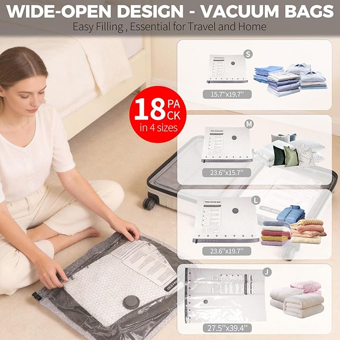 18 Pack Vacuum Storage Bags with Rechargeable Electric Air Pump (6J+3L+6M+3S), Space Saver Vacuum Sealer Bags for Clothing, Blankets, Bedding, Comforters and Pillows