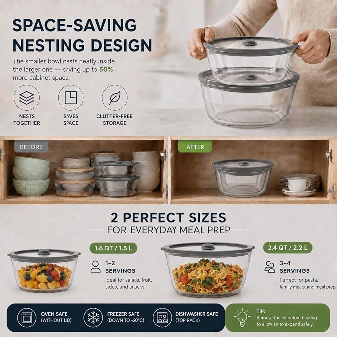 2 Pack Extra Large Glass Food Storage Containers with Lids, 90 oz & 52 oz | Airtight & Leakproof Glass Containers Microwave Freezer Dishwasher Safe Premium Borosilicate Glass for Meal Prep