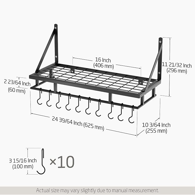 KES 24 Inch Kitchen Pot Pan Rack Wall Mounted, 10 Hooks, Matte Black | 88lbs Load Capacity, Heavy Duty, Cast Iron Pots and Pans Organizer, Hanging Storage, Wall Shelf, Space Saving, KUR215S60-BK