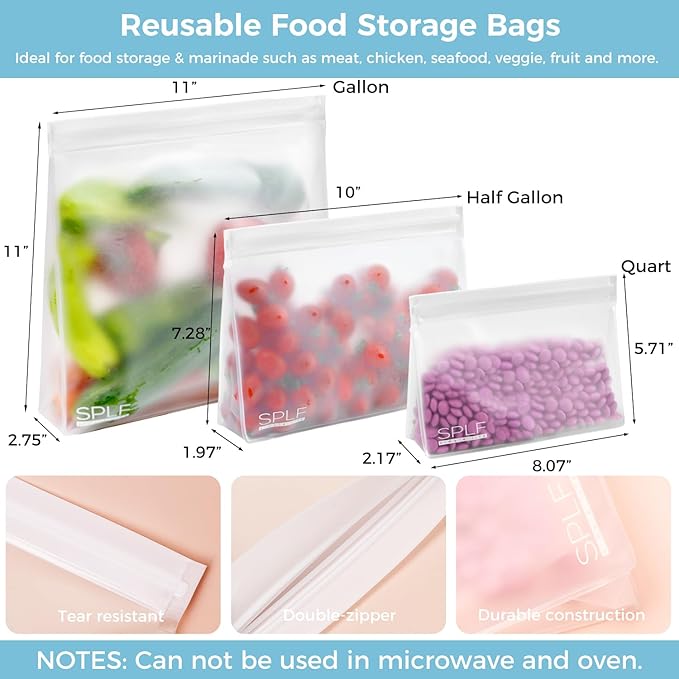 SPLF 6 Pack Dishwasher Safe Reusable Sandwich Bags, Quart freezer bags, Reusable Food Storage Bags, BPA FREE Stand Up Extra Thick Leakproof Silicone Free Zipper Snack Lunch Freezer Bags