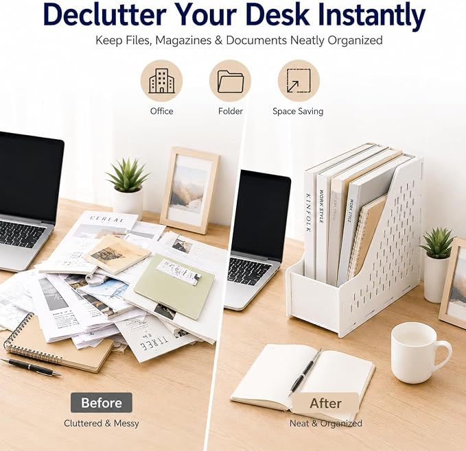 Upright File Organizer Mesh Desktop Magazine Organizer File Sorter White | Durable Desk Organization Vertical File Holder for Office,School,Home, 10.6" 3.9" 11"
