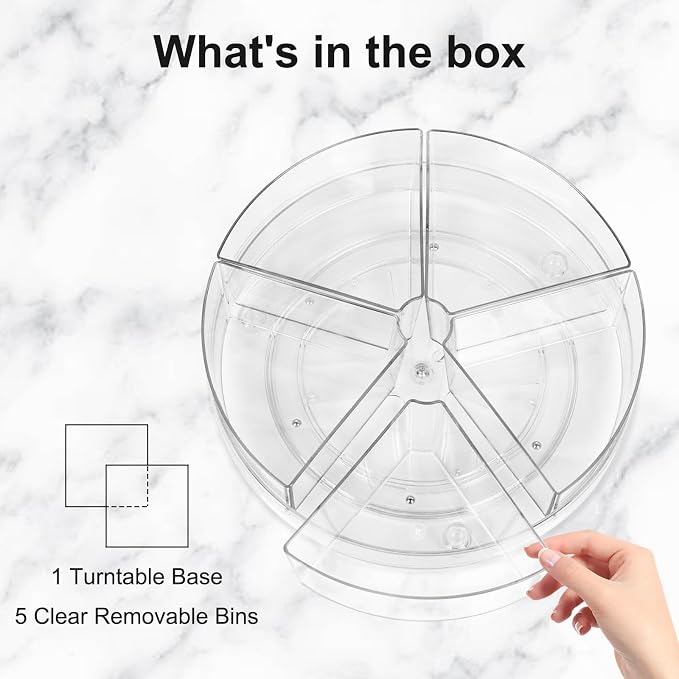 Lazy Susan Organizer, 10.5" Rotating Clear Turntable Organizer with 5 Removable Dividers, for Kitchen, Bathroom, Cabinet, Pantry, Fridge, Vanity - Spinning Storage Container for Spices, Condiments