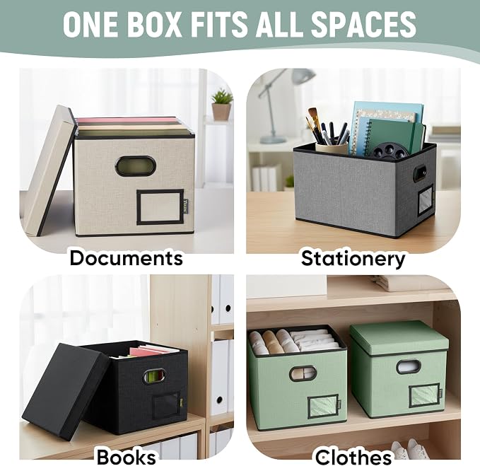 BALEINE File Organizer Box with Lid, Collapsible File Folder Organizer with Plastic Slide, Filing Box for Office Home Document Organizer Storage (Green, 4PK)