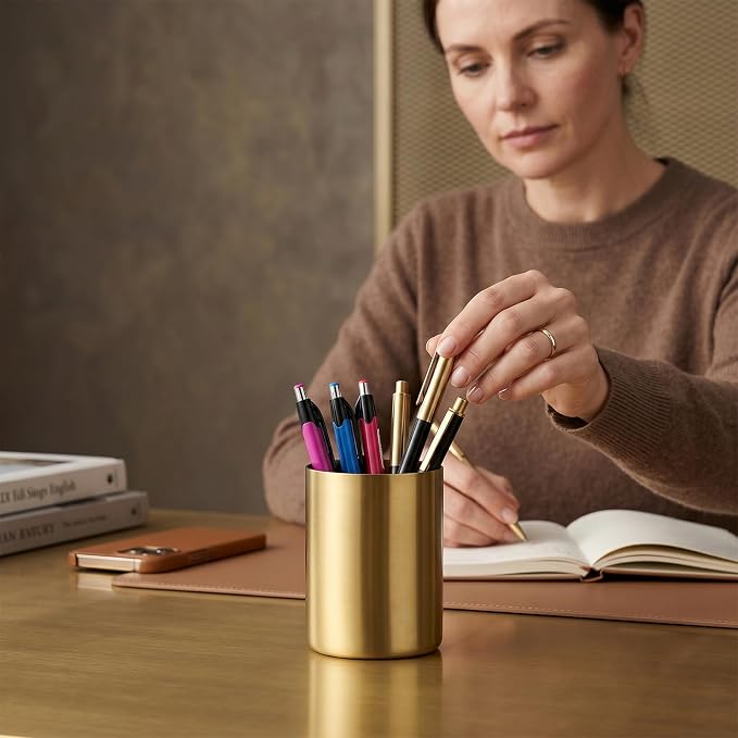 Stainless Steel Gold Pen Holder, Multi-Purpose Desk Pencil Cup, Elegant Makeup Brush Organizer for Office Home Vanity Decor, 3.9 Inch