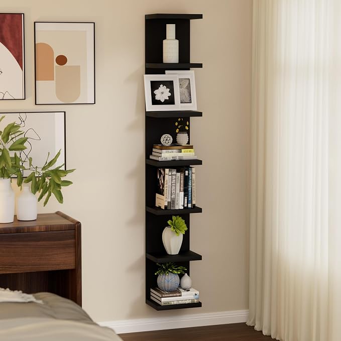 7 Tier Wall Shelf Unit, Floating Shelves for Storage Home Display, Versatile Lack Wall Shelves for Bedroom,Living Room,Office Decor, Tall Long Shelf for Book,Shoe,Vanity, Purse and TV Black