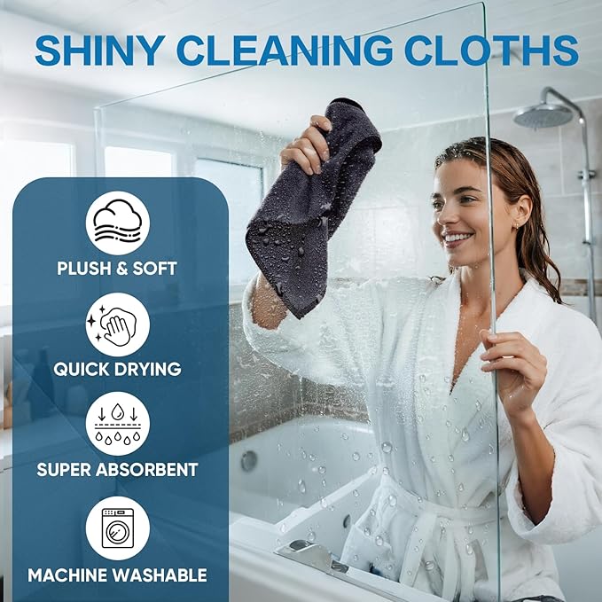 TEAWOO Shiny Wipes Shower Cleaning Cloth, Ultra Absorbent Car Drying Towel, 4 Pack 16 x 24 inch Microfiber Cleaning Cloth for Car, Bath & Househood