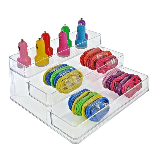 Azar Displays 326029 Three Tier Counter Step Display with Lip, Clear Bathroom Organizer for Storage Organization, Spice Rack Organizer Shelf, Storage Shelves with Risers for Kitchen & Pantry, 2-Pack