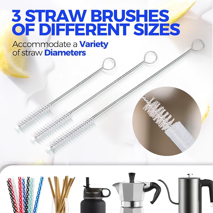 Holikme 5 Pack Bottle Brush 14" Stainless Steel Straw Cleaner Brush,Black | 14" Long Handle Stainless Steel Bottle Cleaner Brush, 3 Straw Brushes, Bottle Cleaning Brush for Water Bottle Cups Baby