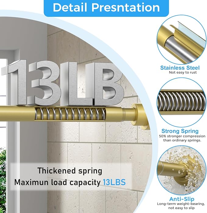 Warm Gold Shower Curtain Rod 31-49 Inch 7/8 Inch Diameter Adjustable Spring Tension No Drill Non-Slip Anti-Rust 1-Pack Bathroom Room Divider Window Doorway Closet