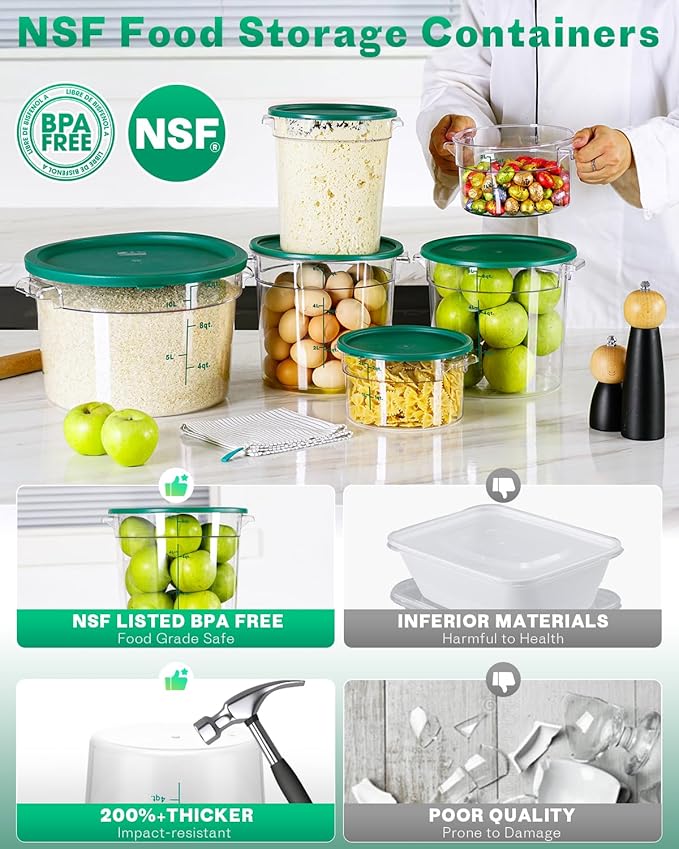 2QT&4QT NSF Round Food Storage Containers with Lids: 4 PCS [Total Food Grade][Hot&Cold Resistant] Dough Proofing Container for Pizza, Bread with Measuring Spoons Included(BPA FREE) (GREEN)