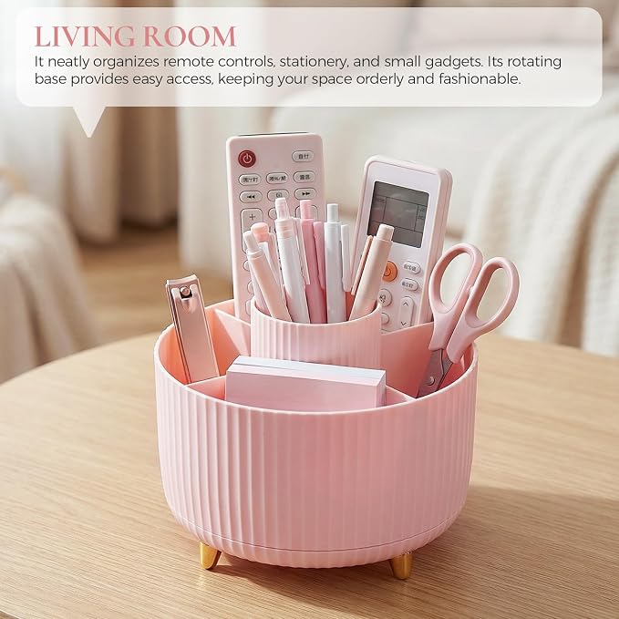 KONVINIT Pencil Pen Holder for Desk, 5 Slots 360 - Degree Rotating Desktop Organizer, Cute Desk Organizers and Accessories for School, Home, Office and Art Supply, Pink