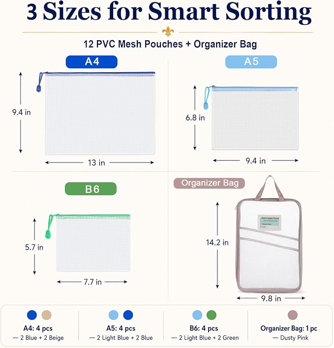 12 Pack PVC Mesh Zipper Pouches with 1 Organizer Bag 13pcs Total 3 Sizes A4 A5 B6 Translucent File Bags for Journaling Planner School Office Classroom and Travel Supplies (13pcs)