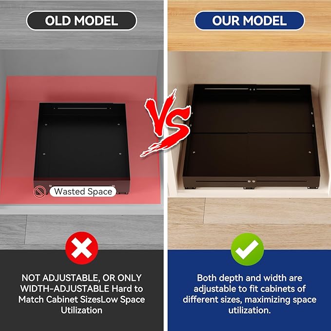 Pull out Cabinet Organizer, Full Metal Expandable Width (12.6"-20.8") & Depth (16"-24.4") Adjustable Slide out Drawers, No Drill Adhesive Roll out Shelves for Kitchen Pantry, Black