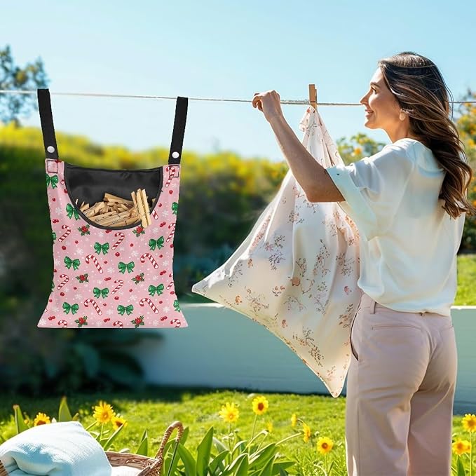 Christmas Candy Cane Clothespin Bags with Hanging Rope Space-Saving Pink Clothespin Storage Organizer Waterproof Clothes Pin Holder for Clothesline Outdoor Rotatable Clothespins Storage Bag