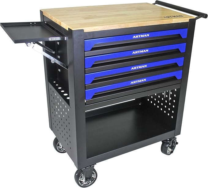 36" Tool Box with Wheels 4 Drawers Rolling Tool Cart, Wooden Top Workbench, 660lbs Total load Tool Cabinet with Locked Drawers Storage Organizer Cabinet for Garage, Warehouse, Repair Shop - Blue