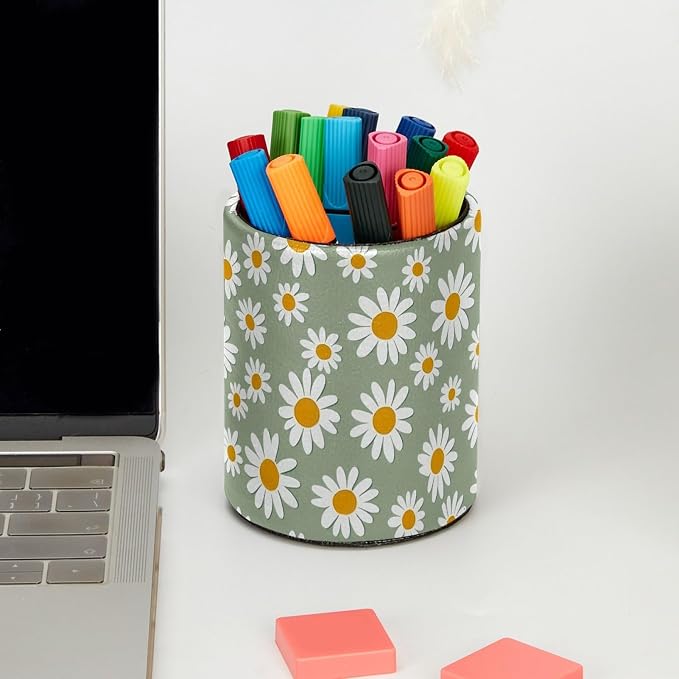 Light Green and Daisy Pen Holder Pencil Organizer for Desk, 3.1” x 3.1” x 3.9” Pencil Cup Office Supplies, Large Capacity Cute Pen and Makeup Brush Holder for Home, School, Desktop