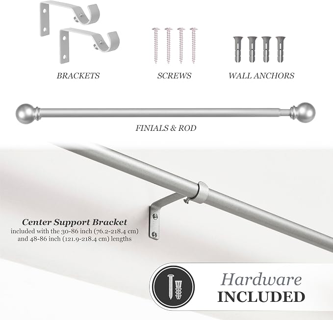 Kenney – Chelsea Curtain Rod, Durable 5/8" Steel Rod with Decorative Ball Ends, Adjustable 30–86" for Light to Medium Weight Curtains, Brushed Nickel
