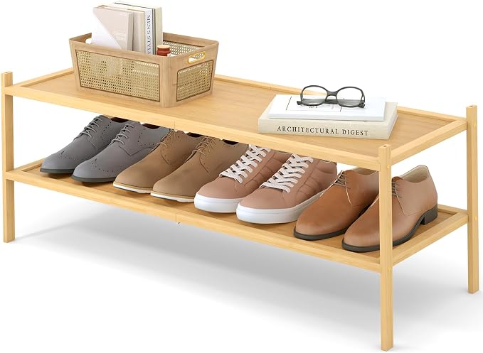 Smiry Bamboo Long Shoe Rack, 2 Tier Shoe Organizer for Entryway & Closet, Stackable Free Standing Storage Shelf for Shoes, Bags & Plants, Natural