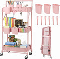 Amatic 3-Tier Folding Rolling Utility Cart with Wheels, Foldable Storage Cart Organizer with 3 Hanging Cups & 6 Hooks for Kitchen, Office, Living Room, Nursery(Pink)